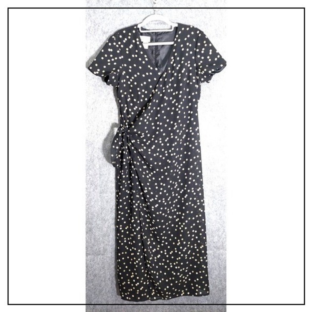 Coldwater Creek‎ Dress 12 Maxi Faux Wrap Polka Dots Slit Bow Chiffon Retro Mod